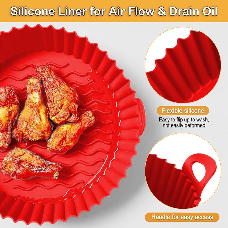 FROVEN 8.5 Inch Silicone Air Fryer Liners Round (2 Pack) Reusable Non-Stick Basket Inserts in Red – With Handles for Mess-Free Cooking – Compatible with Ninja, COSORI, Gowise USA & More Fryer Baskets - Image 3